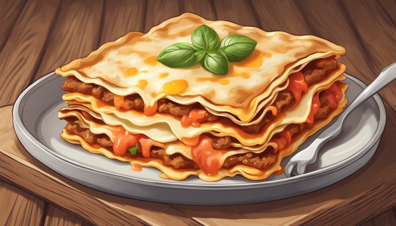 A freshly baked beef lasagna sits on a rustic wooden table, covered with a layer of melted cheese and tomato sauce. A timer in the background indicates the passage of time