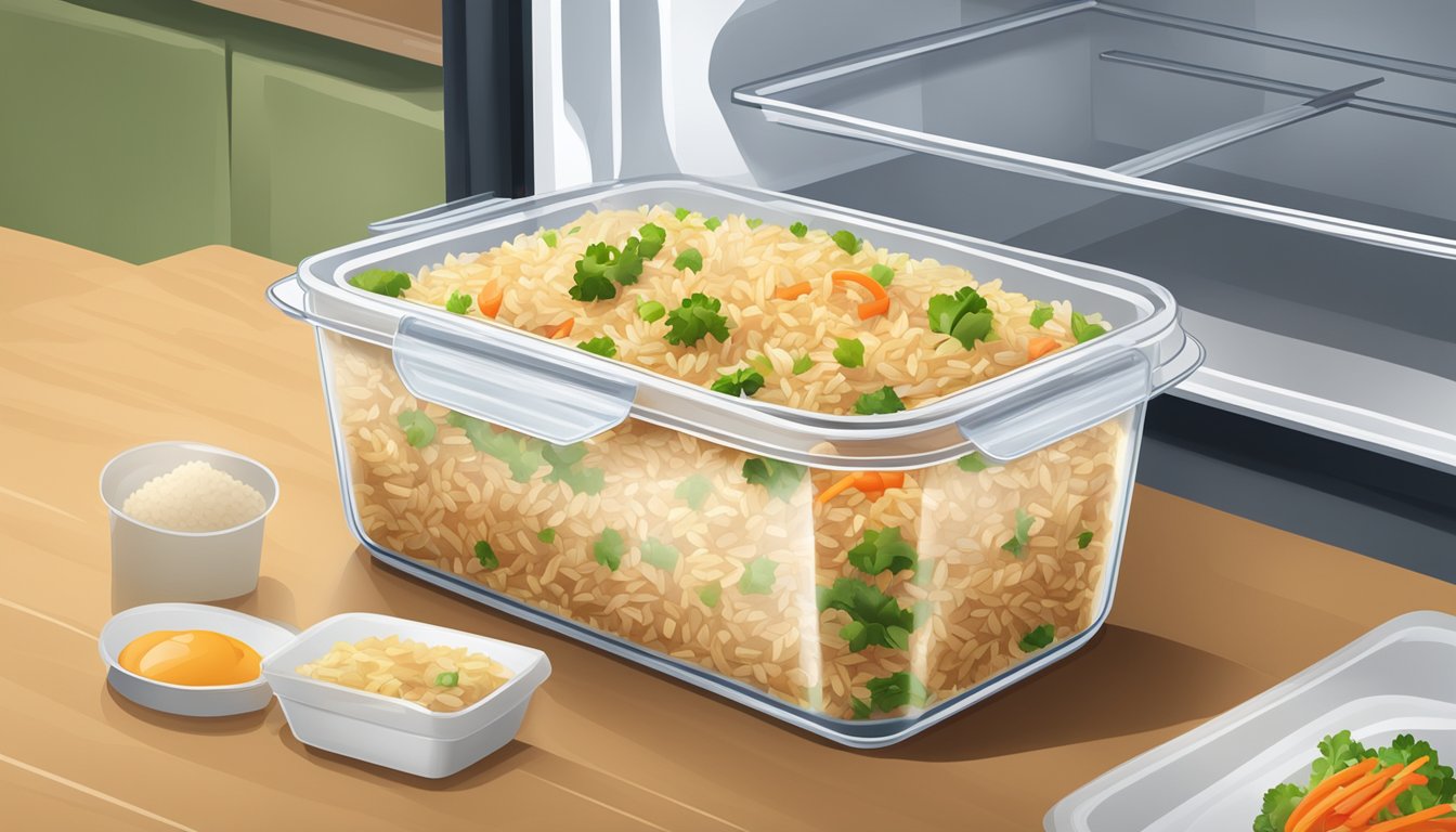 A sealed container of beef fried rice stored in the refrigerator