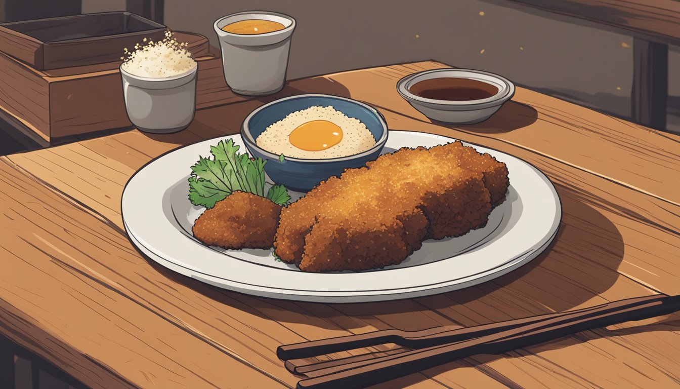 A plate of beef katsu sits on a wooden table, surrounded by a few scattered crumbs. The crispy, golden-brown cutlet is accompanied by a small dish of tangy dipping sauce