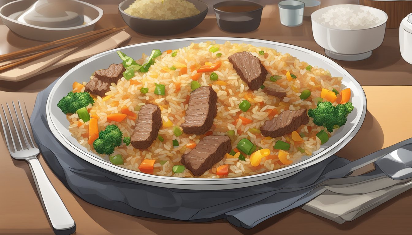 A plate of beef fried rice sits on a kitchen counter, covered with a transparent lid. The rice is mixed with tender pieces of beef, colorful vegetables, and savory sauce