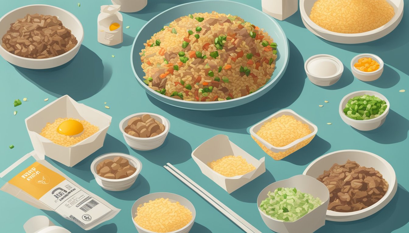 A plate of beef fried rice sits on a kitchen counter, surrounded by various expiration dates on food packaging