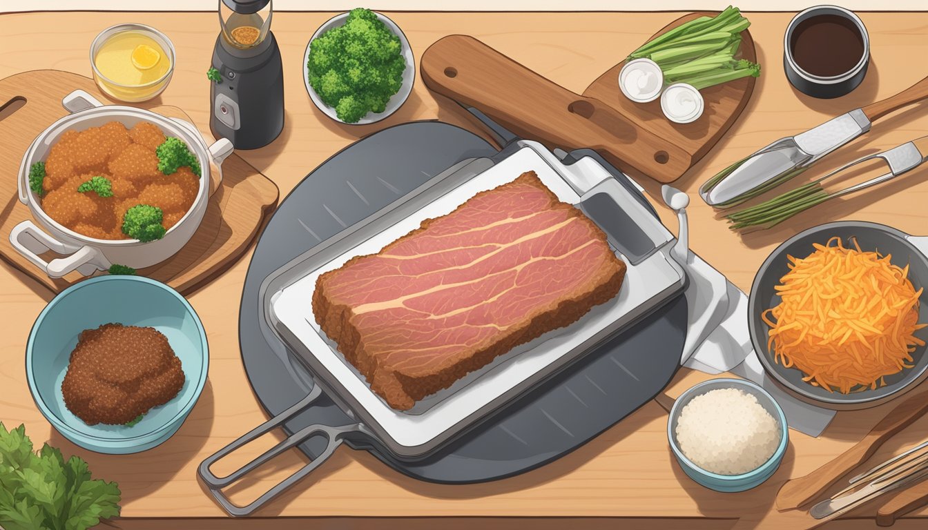 A beef katsu sits on a wooden cutting board, surrounded by various cooking utensils and alternative cooking methods such as an air fryer, sous vide machine, and pressure cooker