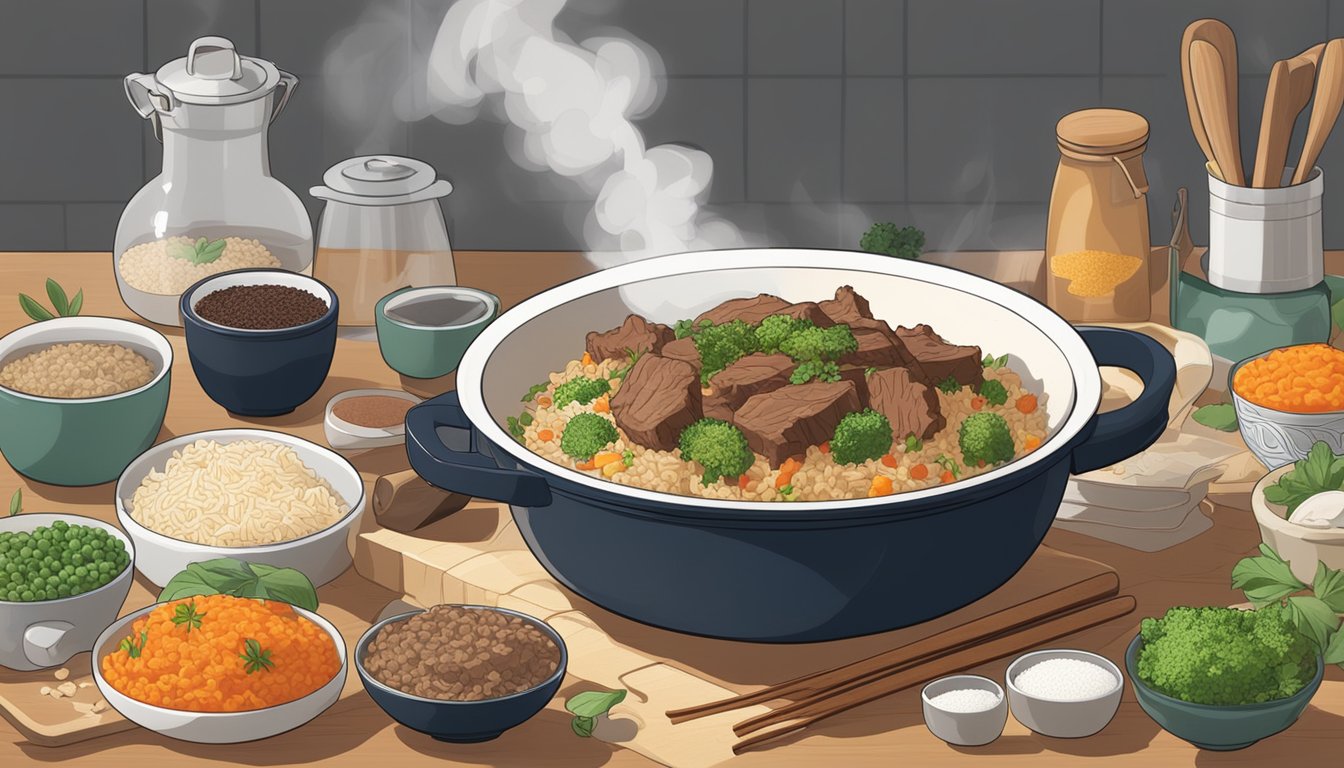 A steaming bowl of beef fried rice sits on a kitchen counter, surrounded by various cooking utensils and ingredients. The aroma of savory spices fills the air