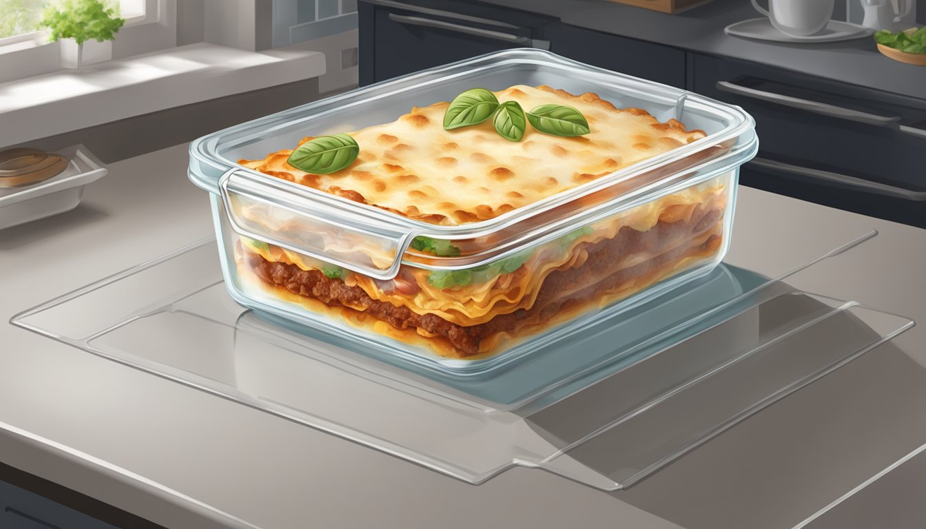 A freshly baked beef lasagna sits on a kitchen counter, covered with foil and placed in a glass storage container. A label with the date is attached to the container