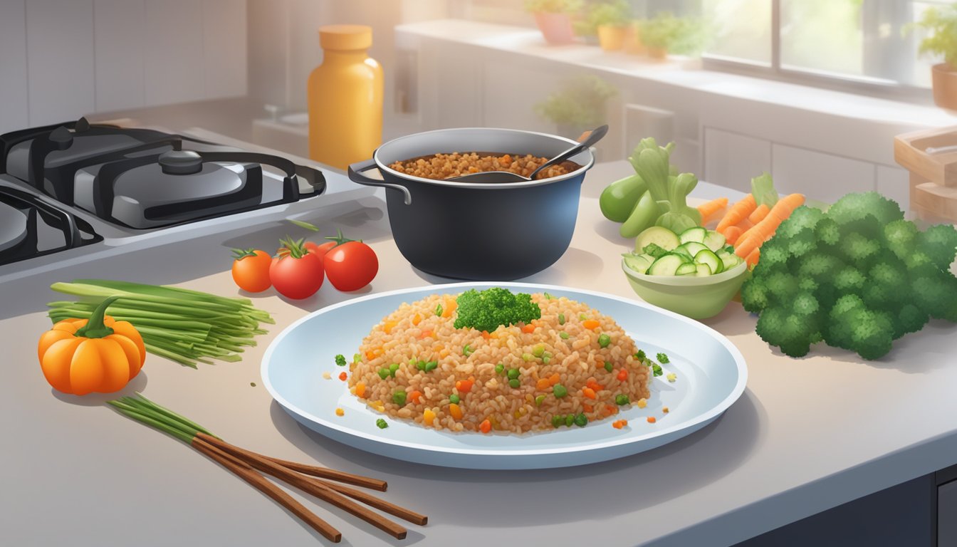 A steaming plate of beef fried rice sits on a kitchen counter, surrounded by colorful vegetables and the aroma of savory spices