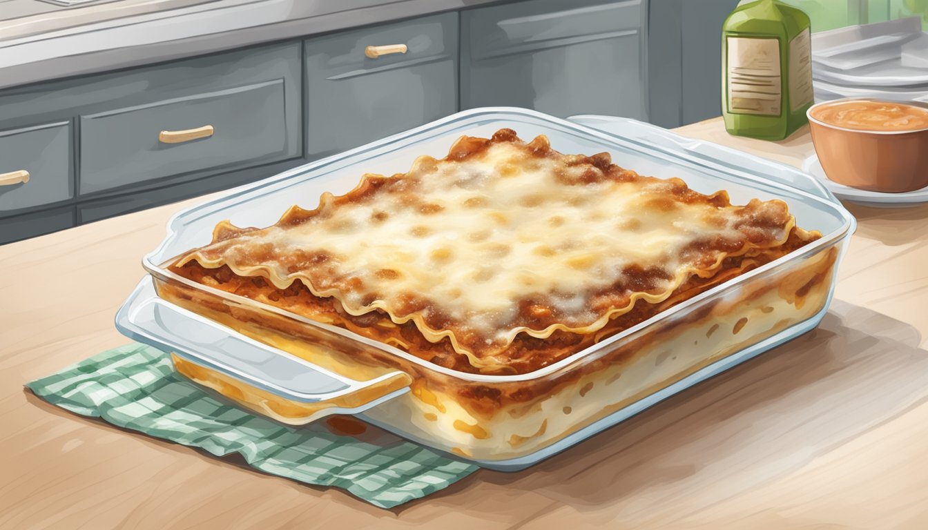 A beef lasagna sits on a kitchen counter, covered in mold and emitting a foul odor. The expiration date on the packaging has long passed