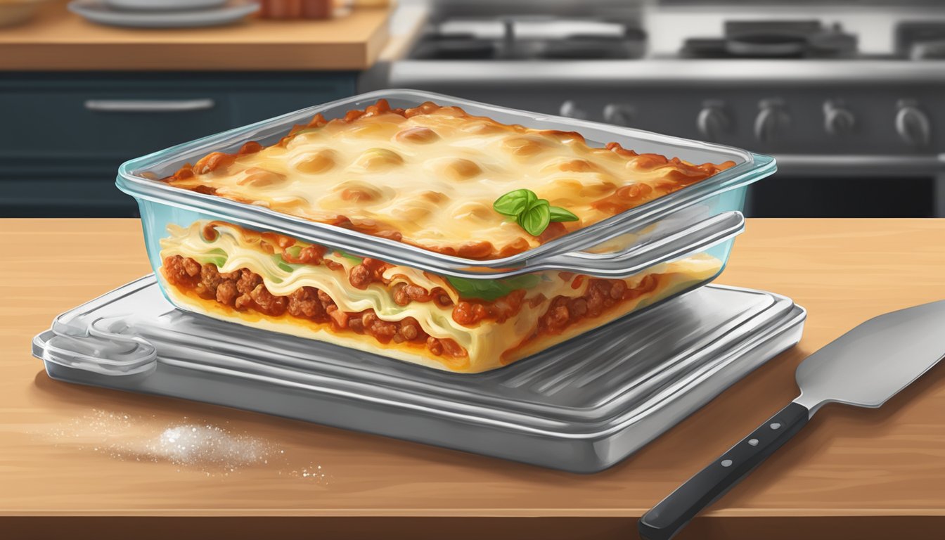 A freshly baked beef lasagna sits on a kitchen counter, covered in foil, with a digital timer showing the time it was made