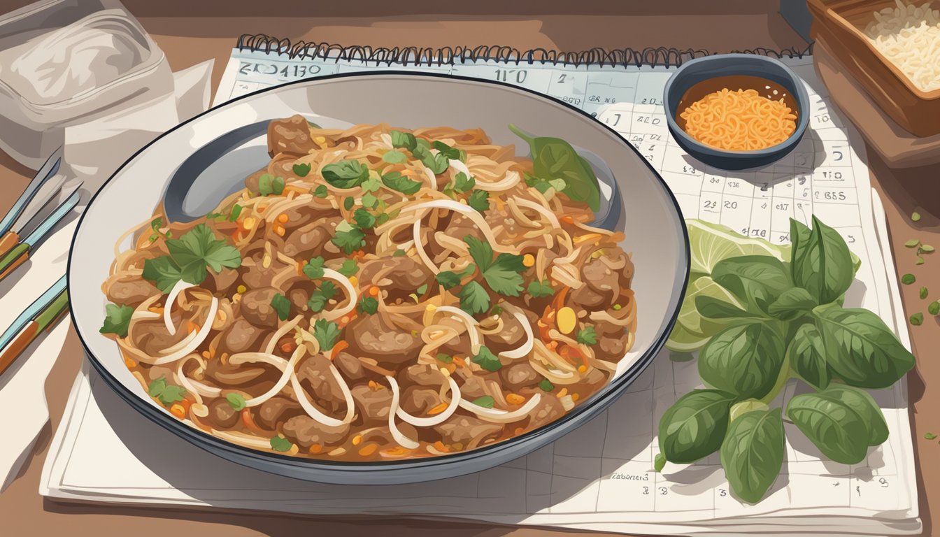 A steaming plate of beef pad thai sits on a kitchen counter, surrounded by ingredients and a calendar showing expiration dates