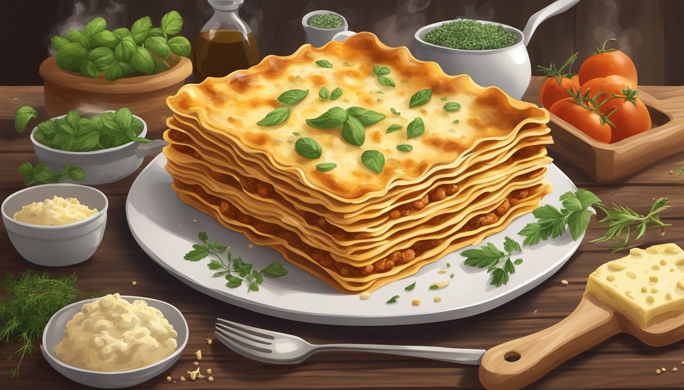 A freshly baked beef lasagna sits on a rustic wooden table, surrounded by scattered herbs and spices. Steam rises from the golden brown, bubbling cheese topping, enticing the viewer with its savory aroma