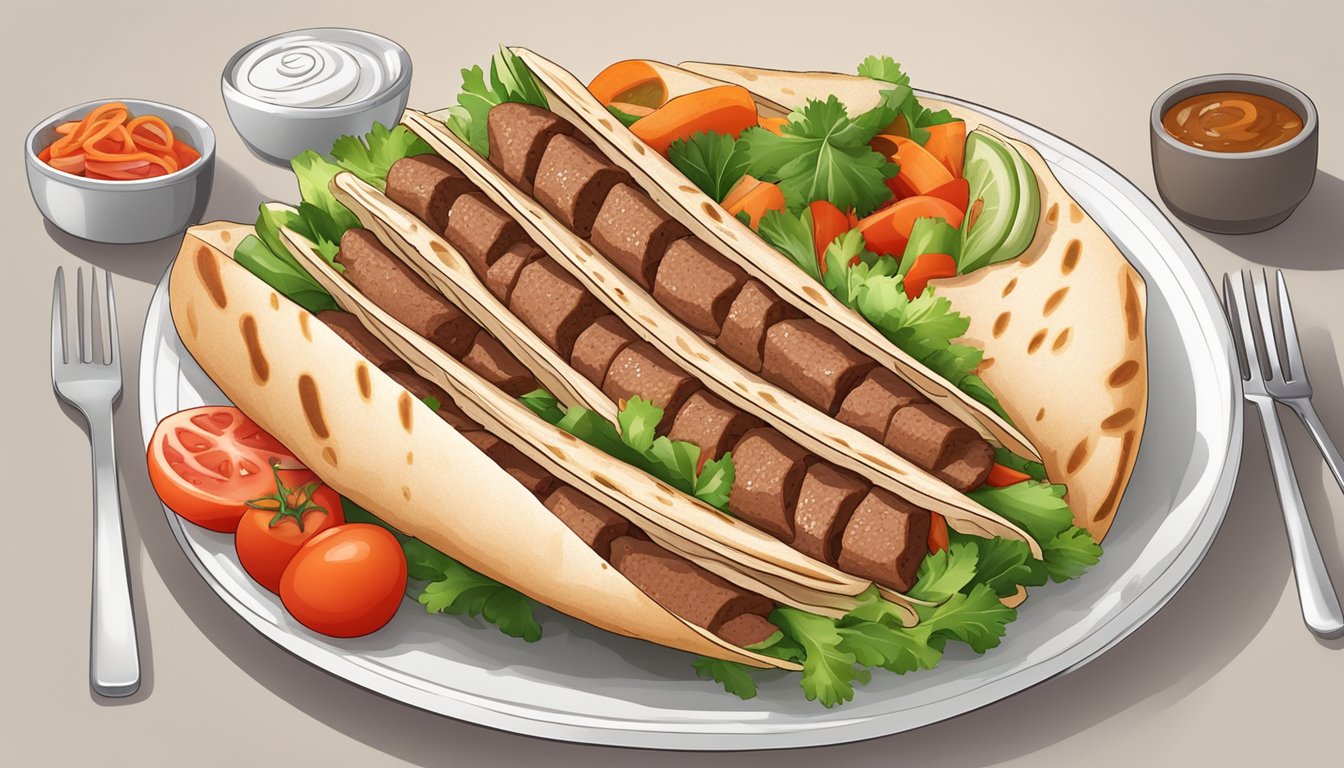 Slices of beef gyro meat arranged in a circular pattern on a plate, surrounded by fresh vegetables and pita bread