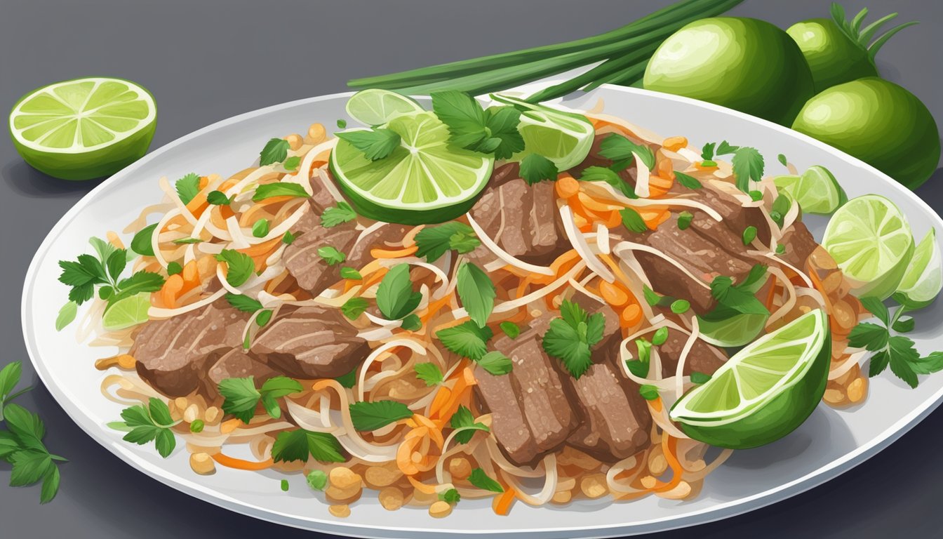 A steaming plate of beef pad thai sits on a clean, white ceramic dish, garnished with fresh herbs and lime wedges