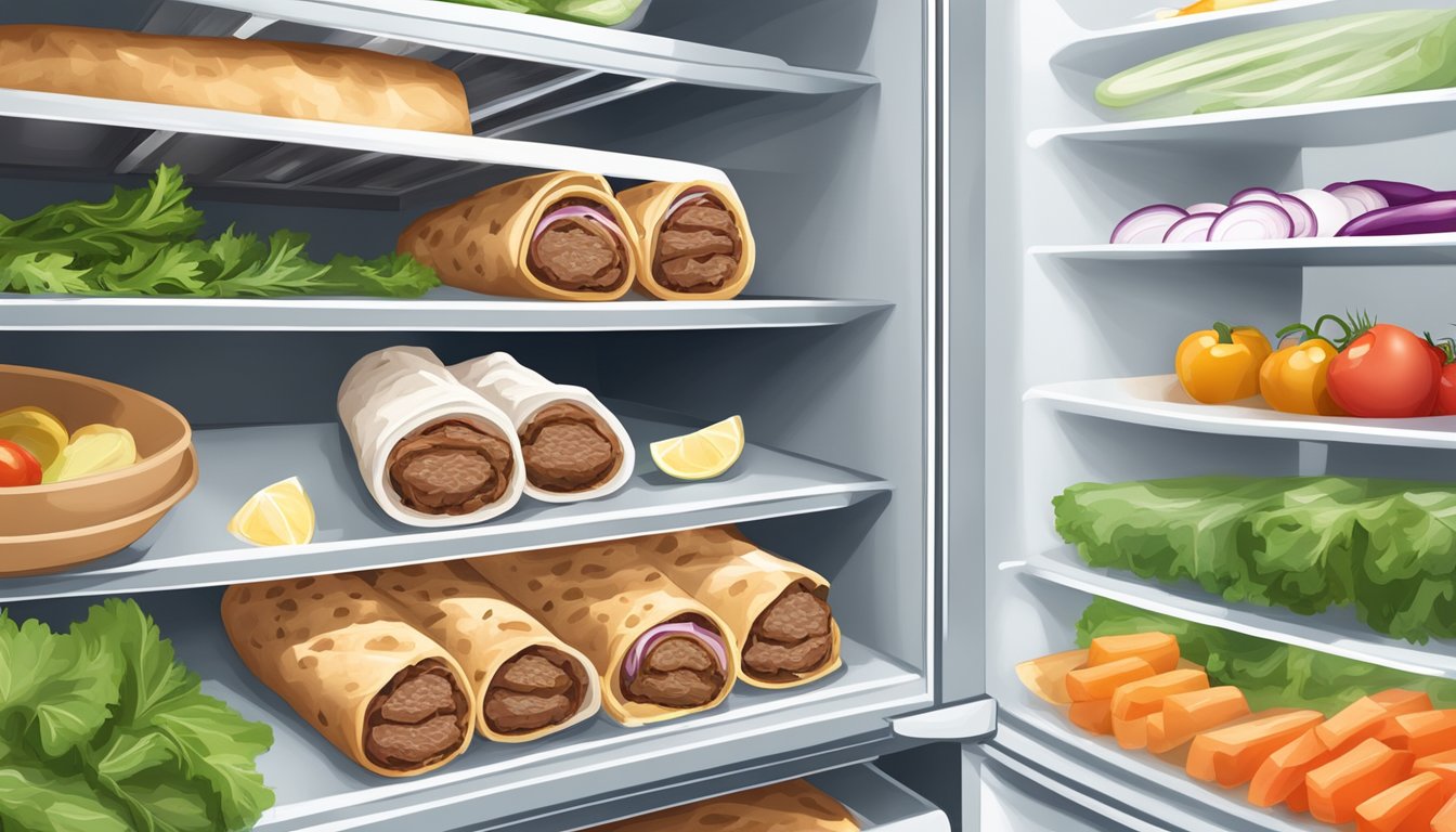 A refrigerator shelf with a container of beef gyros wrapped in plastic, alongside fresh vegetables and pita bread