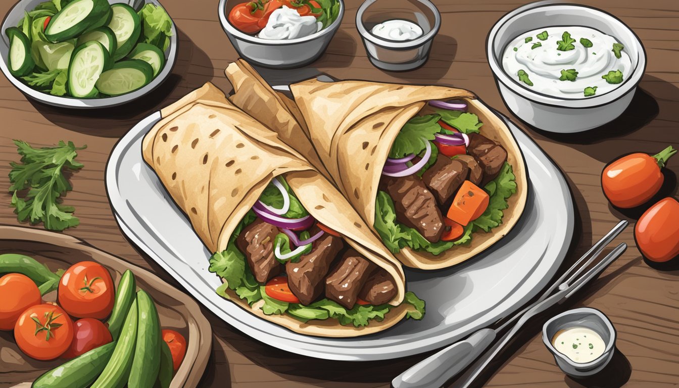 A beef gyro sits on a plate next to a side of tzatziki sauce and a pile of fresh vegetables