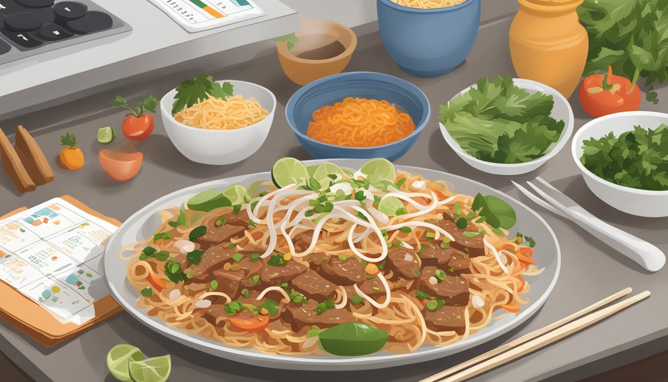 A steaming plate of beef pad thai sits on a kitchen counter, surrounded by ingredients and a calendar showing the current date