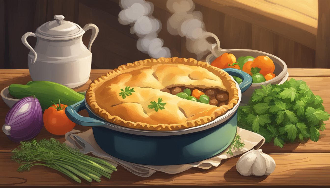 A steaming beef pot pie sits on a rustic wooden table, surrounded by fresh herbs and vegetables. The golden crust glistens in the warm light