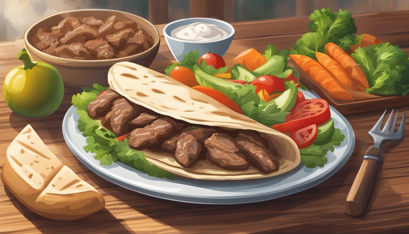 A plate of beef gyros sits on a wooden table, surrounded by fresh vegetables and pita bread. Steam rises from the meat, indicating its warmth