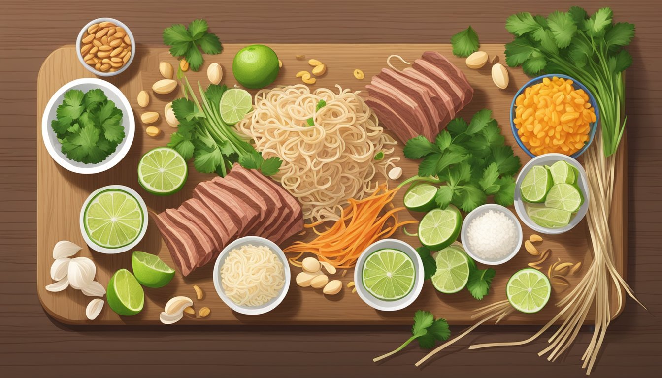 A colorful array of fresh ingredients for Beef Pad Thai spread out on a wooden cutting board, including sliced beef, rice noodles, bean sprouts, cilantro, lime, and peanuts