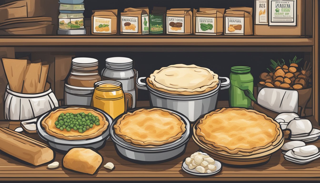 A beef pot pie sits on a shelf, surrounded by other food items. The packaging displays a "best by" date, indicating its shelf life