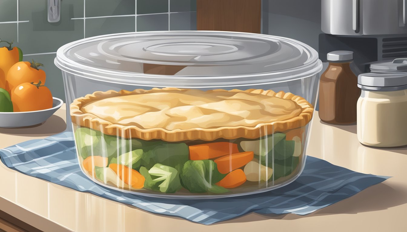 A beef pot pie sits on a kitchen counter, covered with a clear plastic wrap. Nearby, a refrigerator door is open, revealing various fresh ingredients