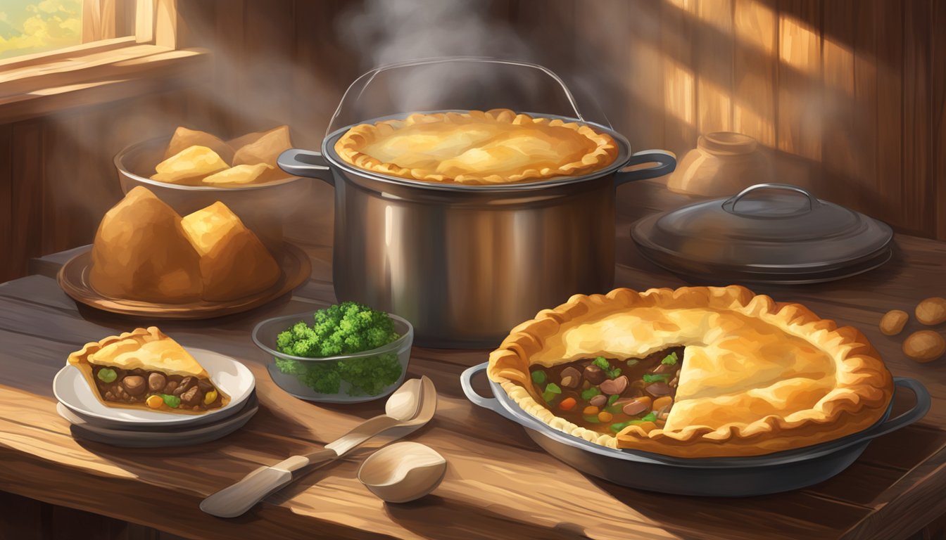 A steaming beef pot pie sits on a rustic wooden table, surrounded by a warm, inviting atmosphere. The golden crust glistens in the soft light, promising a delicious, comforting meal