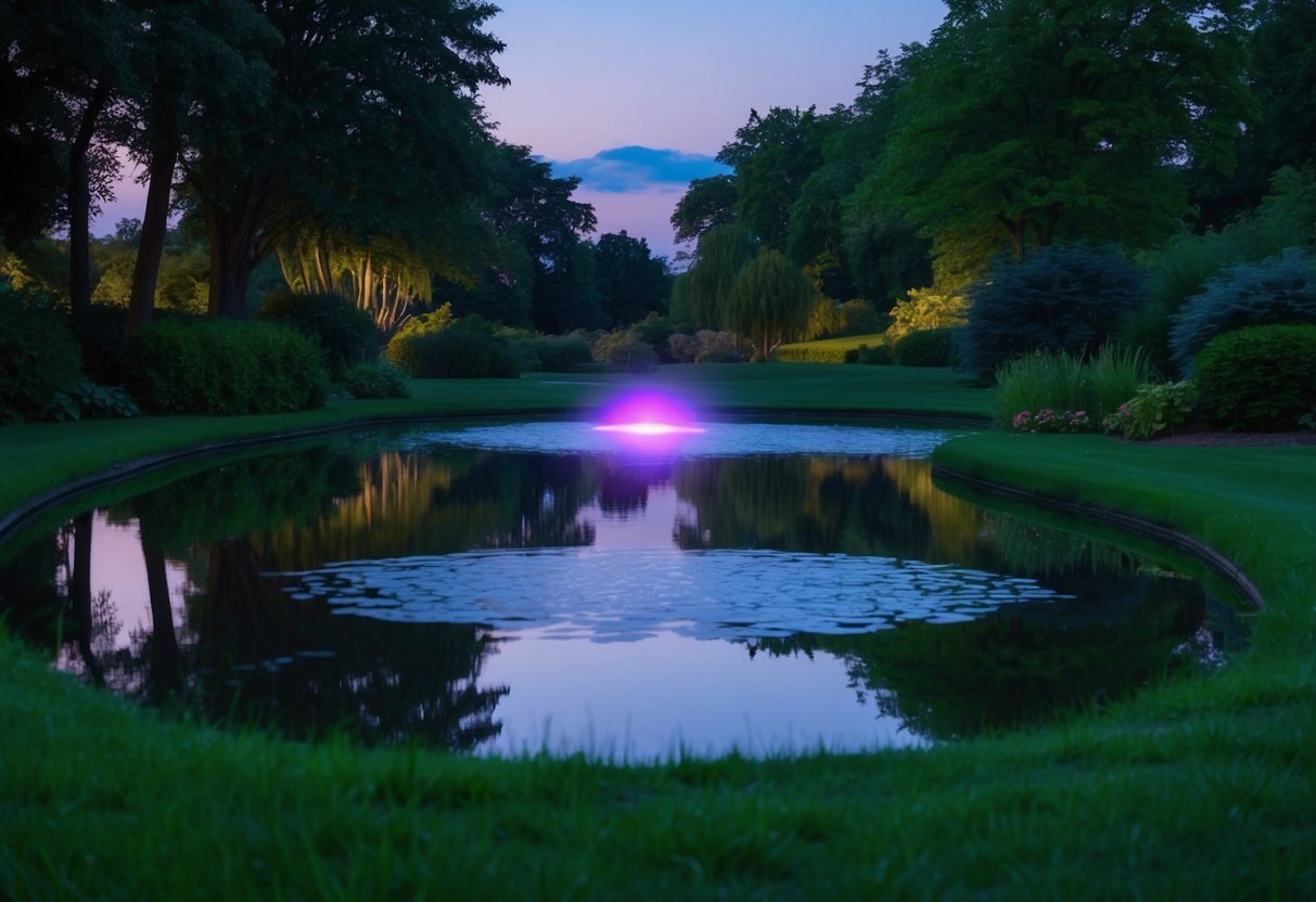 A serene pond at dusk, surrounded by lush greenery, with a UV light illuminating the water, casting a soft, ethereal glow