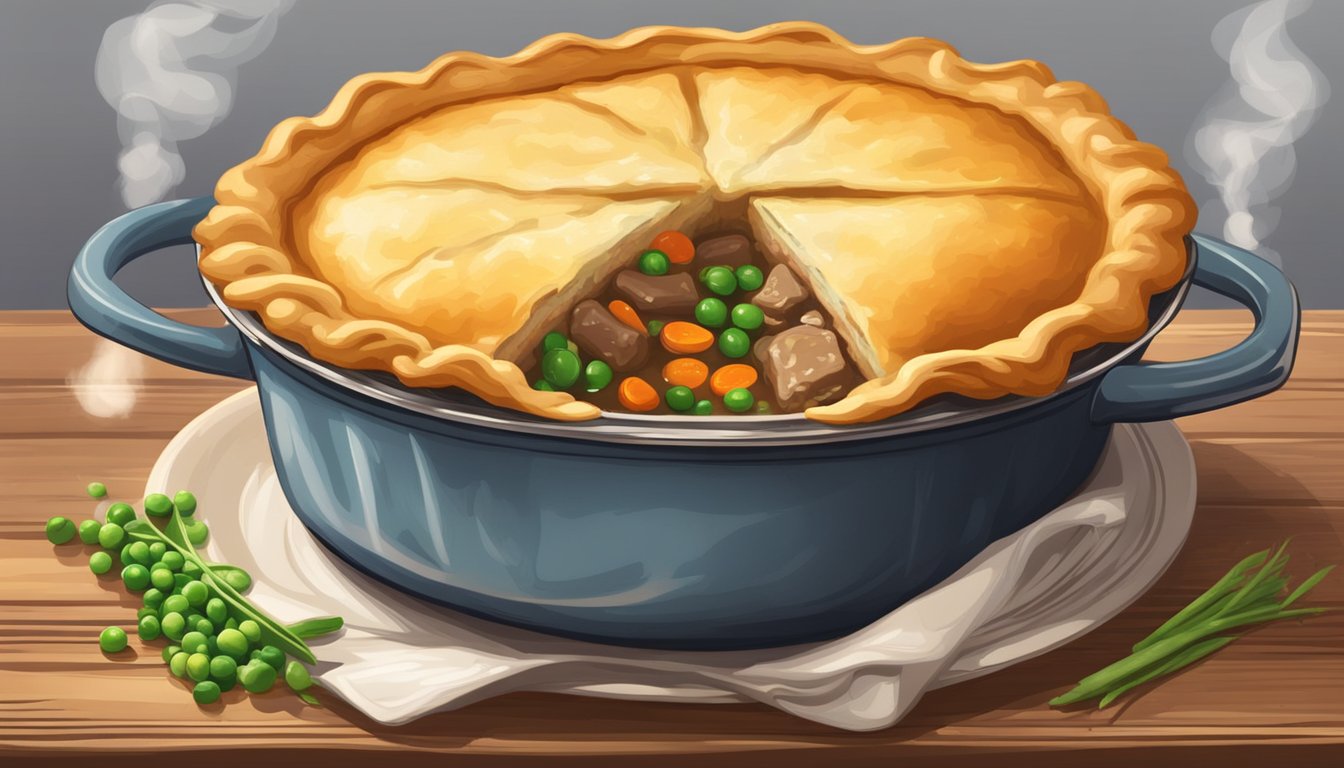 A steaming beef pot pie sits on a rustic wooden table, golden pastry crust glistening with butter. Steam rises from the flaky top, revealing a rich filling of tender beef, carrots, and peas