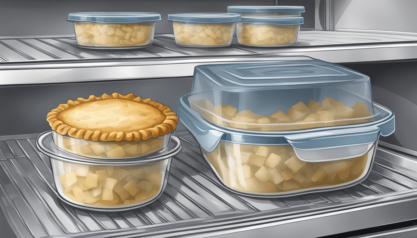 A beef pot pie sits on a shelf in a refrigerator, sealed in an airtight container. The date of preparation is written on the container label