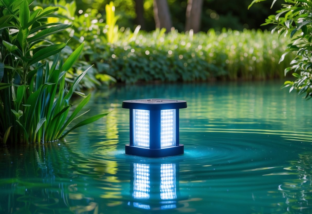 A serene pond with clear water, surrounded by lush greenery, with a UV light system installed and functioning to maintain water clarity and eliminate harmful bacteria and algae