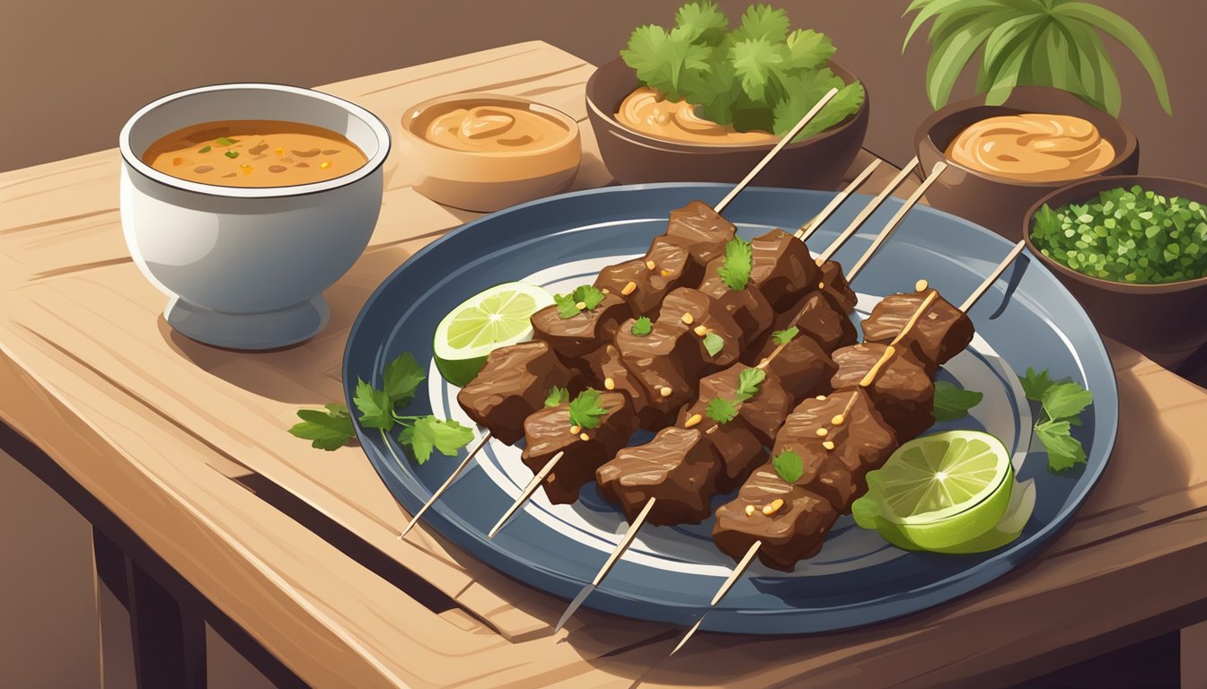 A plate of beef satay skewers with a side of peanut sauce, garnished with fresh herbs and served on a wooden platter