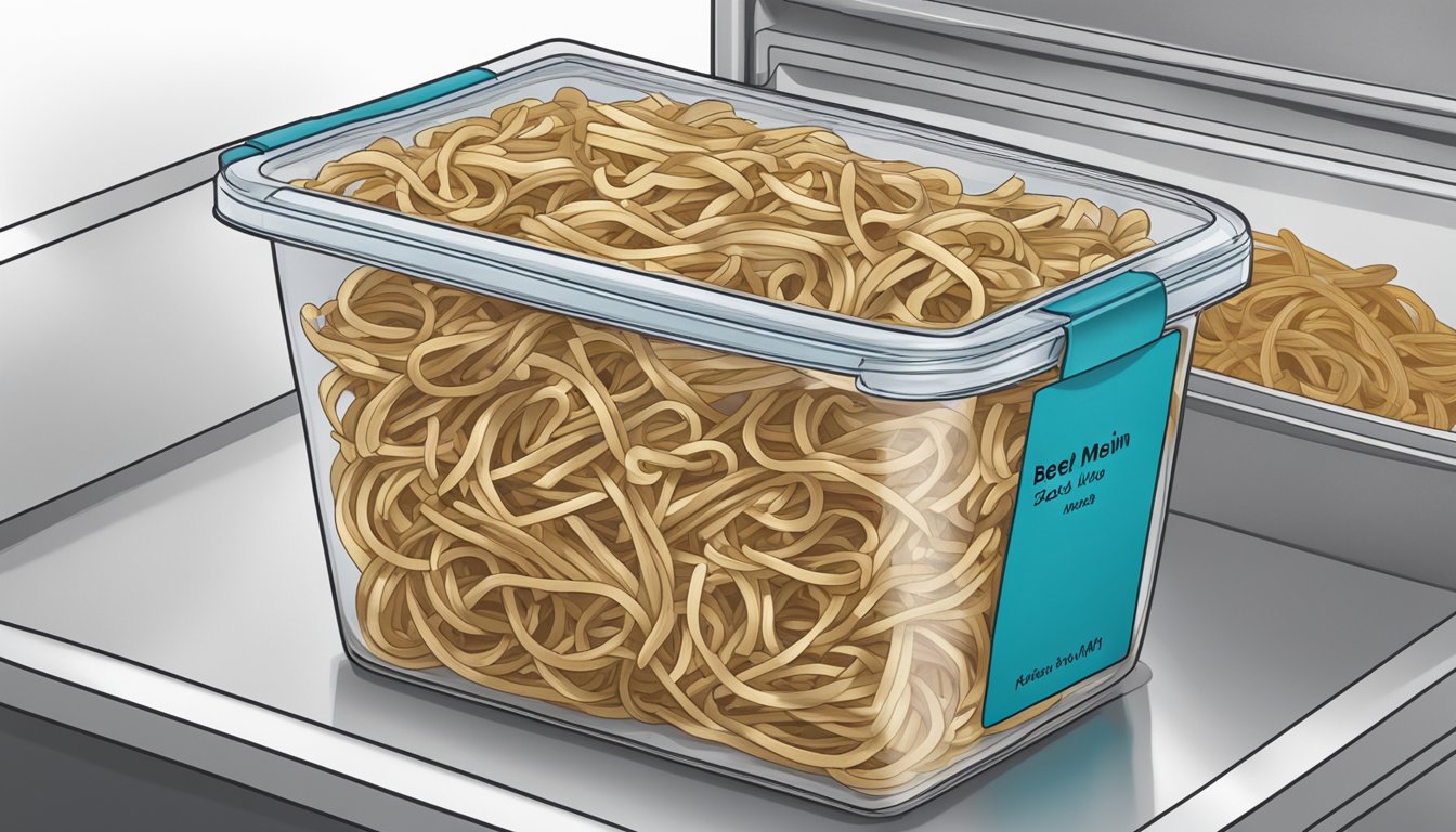 A sealed container of beef lo mein sits in a refrigerator, with a label indicating the date it was prepared