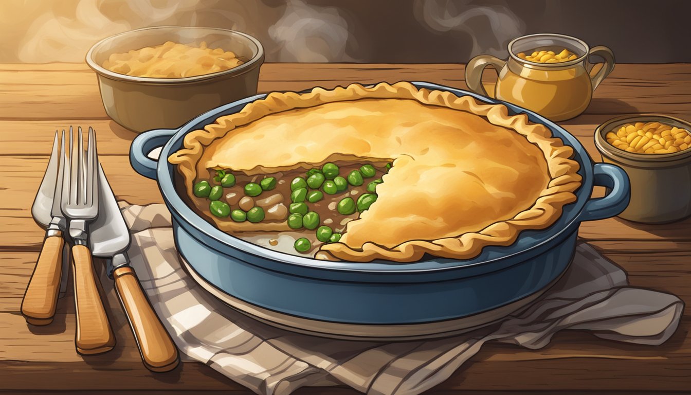 A freshly baked beef pot pie sits on a rustic wooden table, steam rising from the golden crust. A knife and fork rest beside the pie, ready to be used