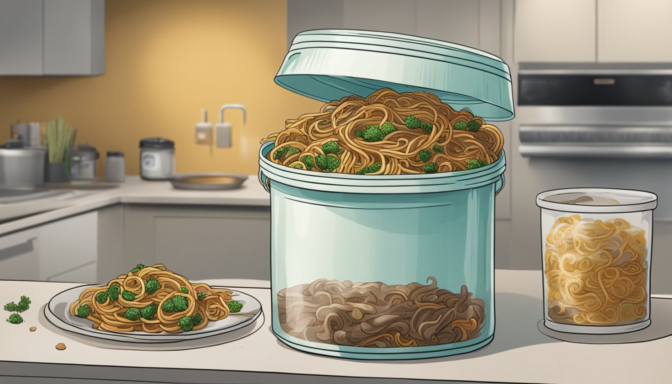 A container of beef lo mein sits on a kitchen counter, its contents covered in mold and emitting a foul odor