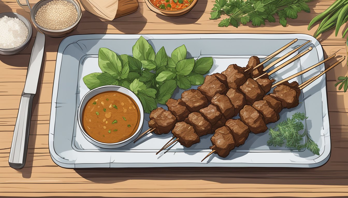 A plate of beef satay sits on a wooden cutting board, surrounded by fresh herbs and spices. A clear plastic wrap covers the dish, with a label indicating the date it was prepared