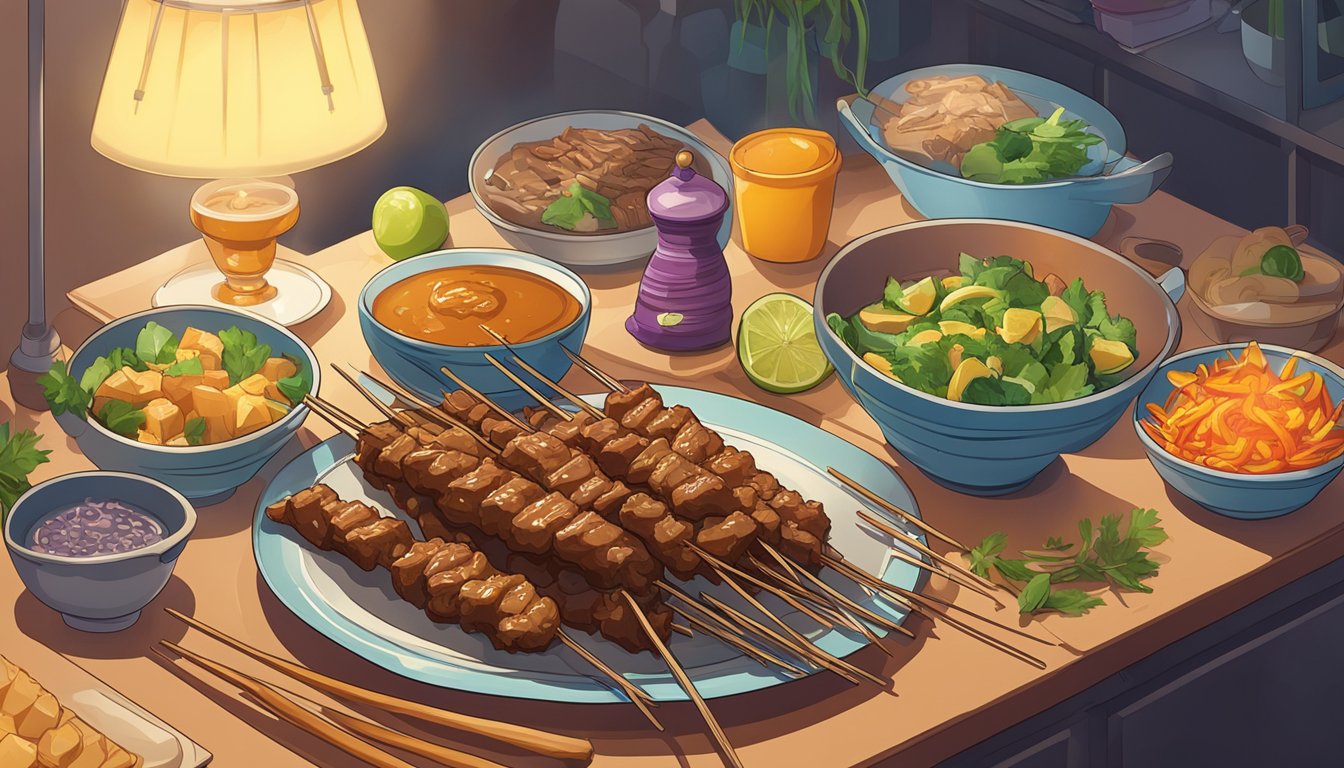 A plate of beef satay sits on a shelf, surrounded by various food items. The temperature and lighting in the room are stable