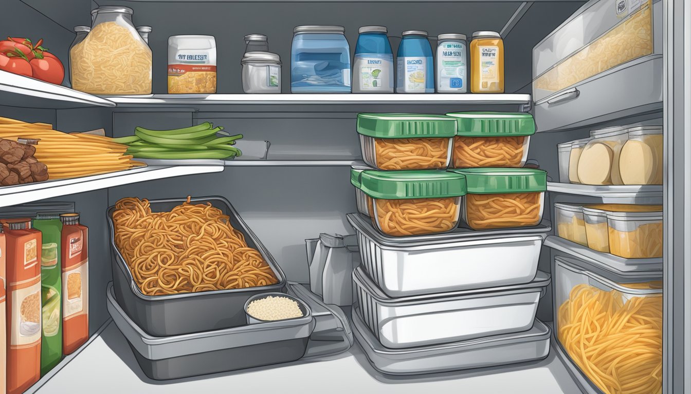 A container of beef lo mein sits on a refrigerator shelf, surrounded by other food items. The date of preparation is written on a label