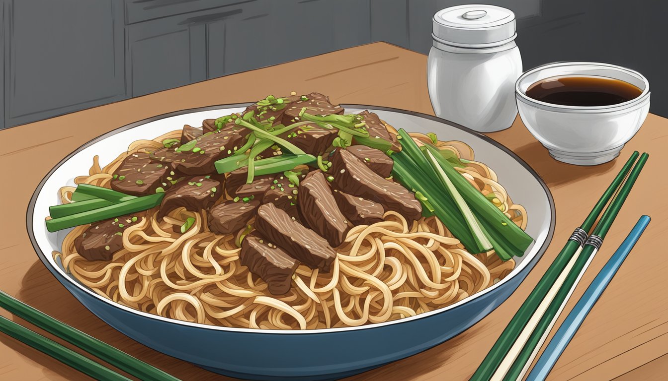 A steaming bowl of beef lo mein sits on a clean kitchen counter, surrounded by chopsticks and a container of soy sauce