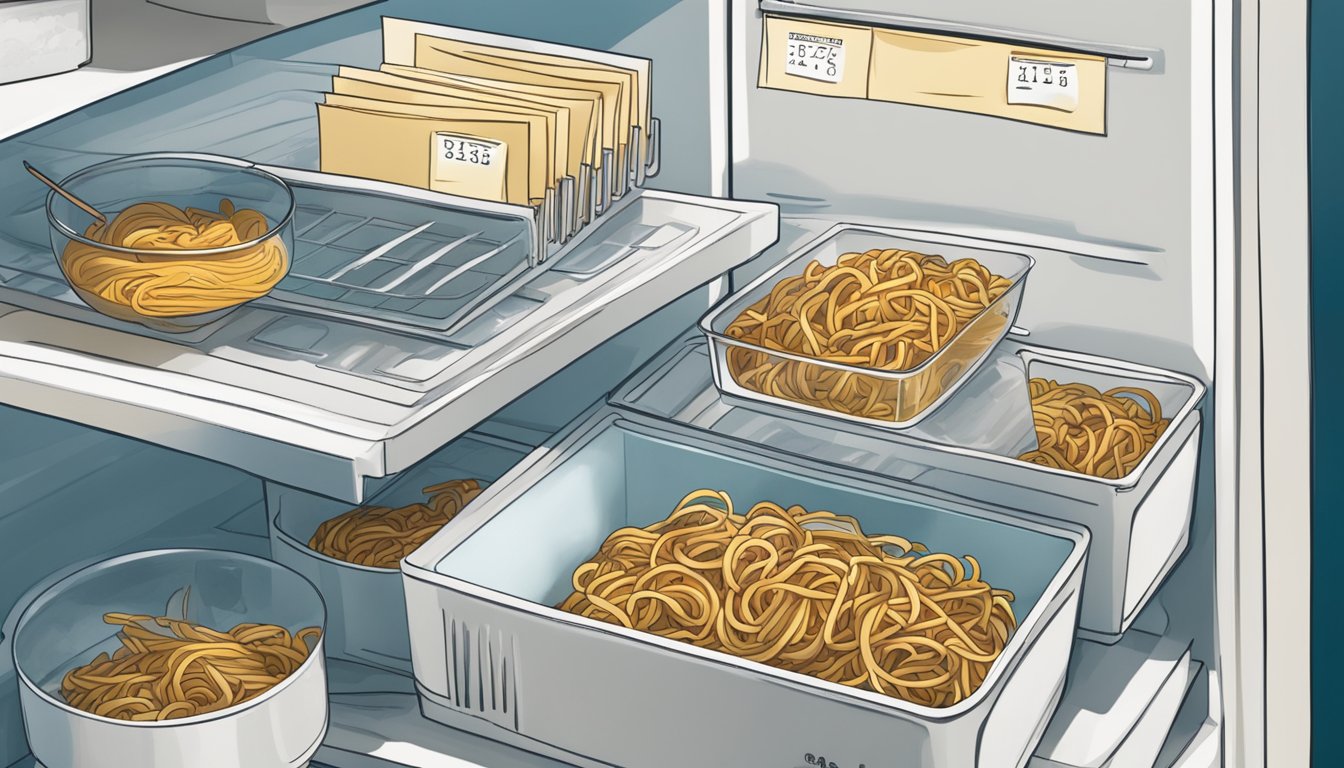 A container of beef lo mein sits in the fridge, with a calendar nearby showing the current date and a date several days in the future marked as the "use by" date