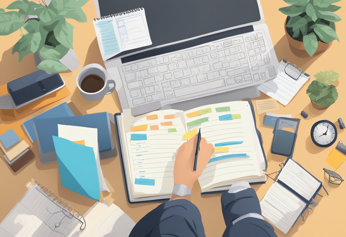 A cluttered desk with crossed-out to-do lists, a clock showing late hours, and a person relaxing outdoors