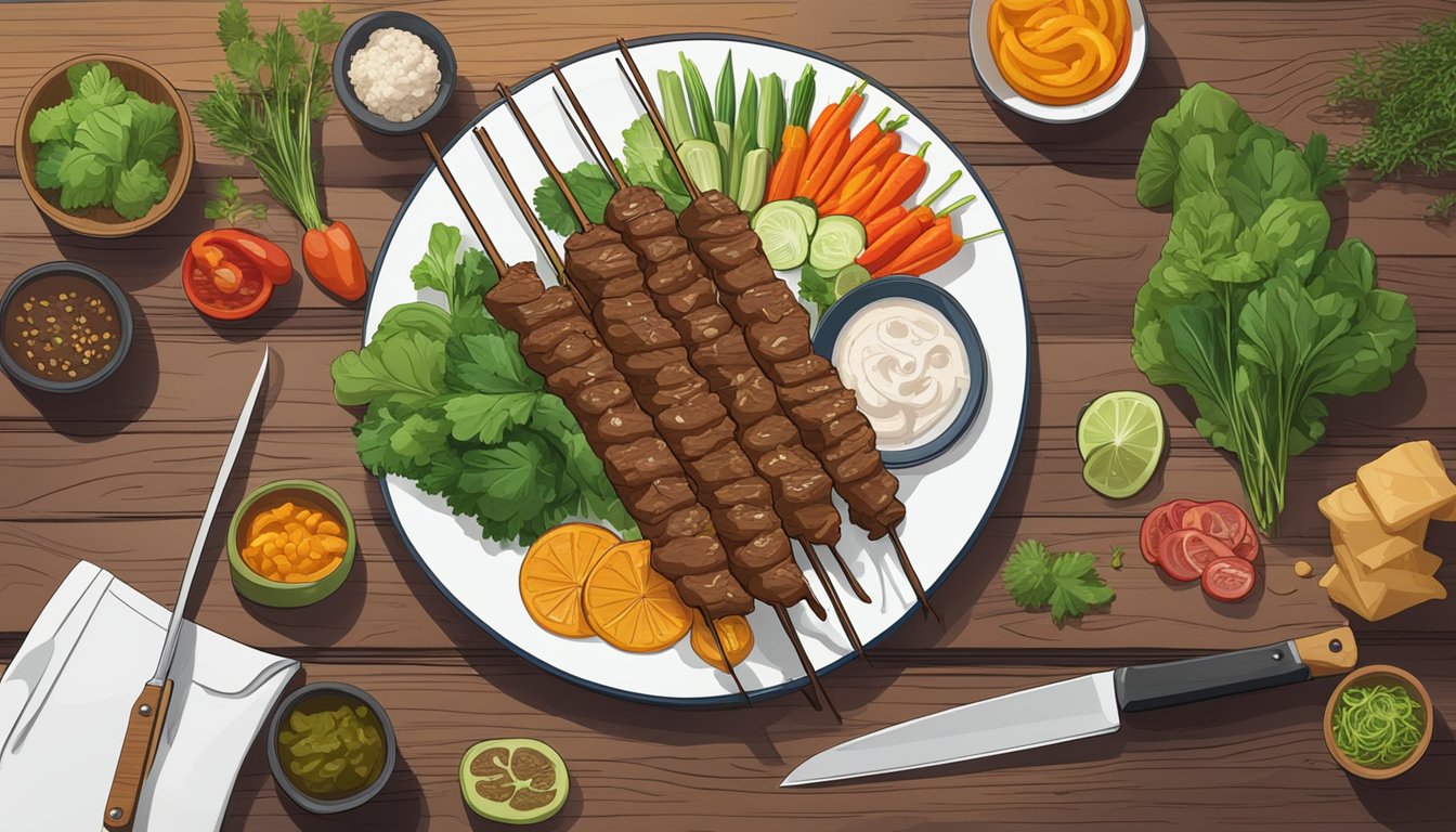 A plate of beef satay sits on a rustic wooden table, surrounded by colorful vegetables and herbs. A chef's knife and cutting board are nearby