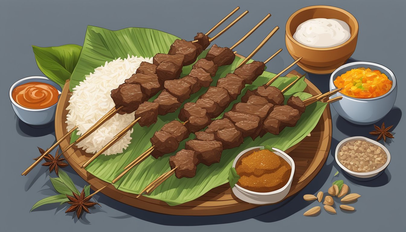 A plate of beef satay sits on a bamboo tray, surrounded by traditional Indonesian spices and ingredients. The aroma of grilled meat fills the air