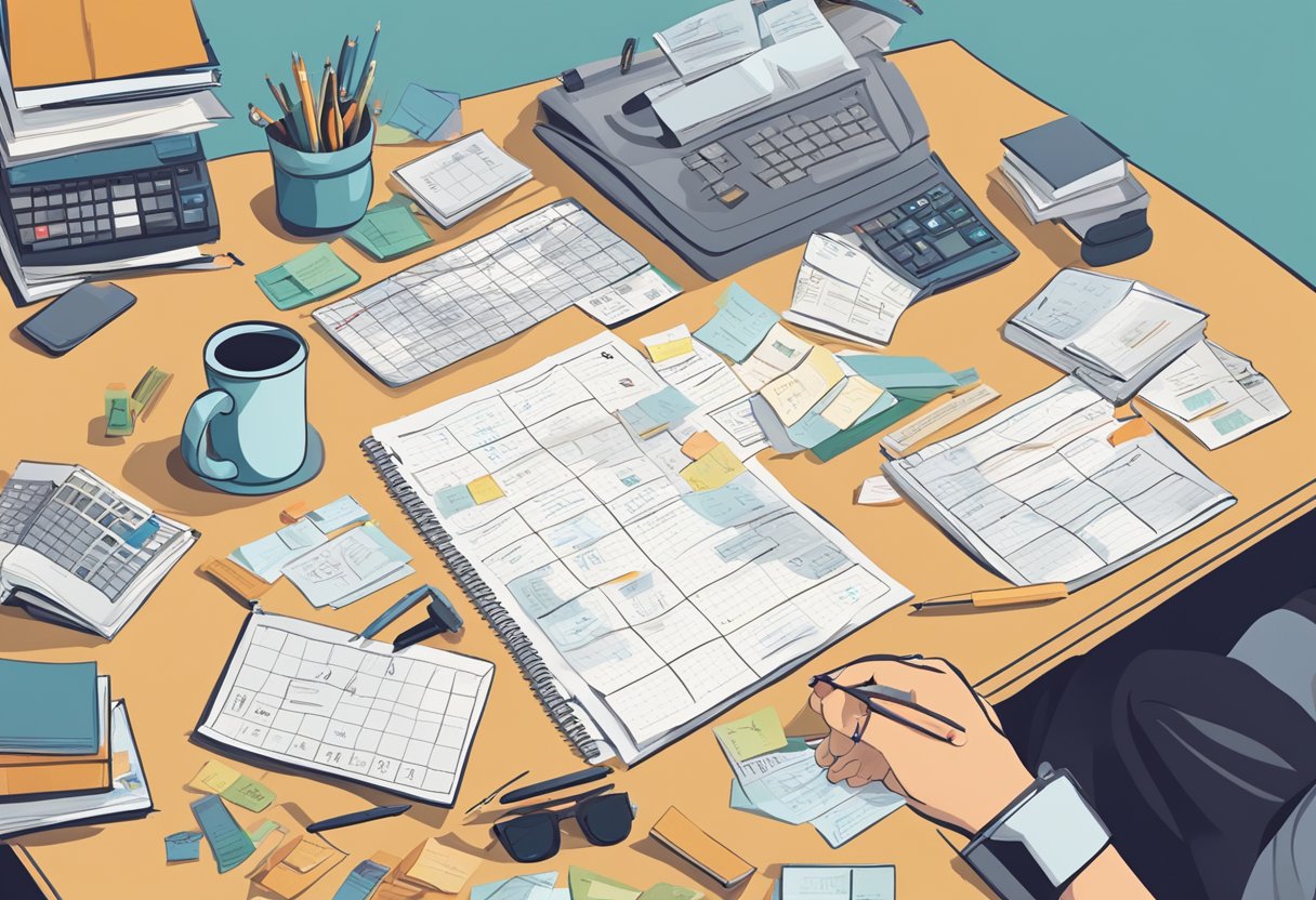 A cluttered desk with a calendar marked with deadlines, a to-do list, and a pile of unfinished tasks. A person is visibly stressed and overwhelmed