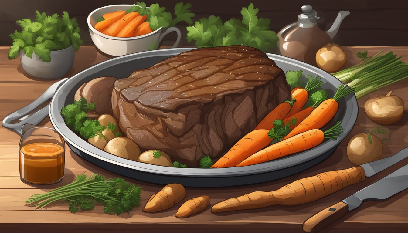 A hearty beef pot roast sits on a rustic wooden table, surrounded by carrots, potatoes, and herbs. Steam rises from the tender meat, filling the air with savory aromas