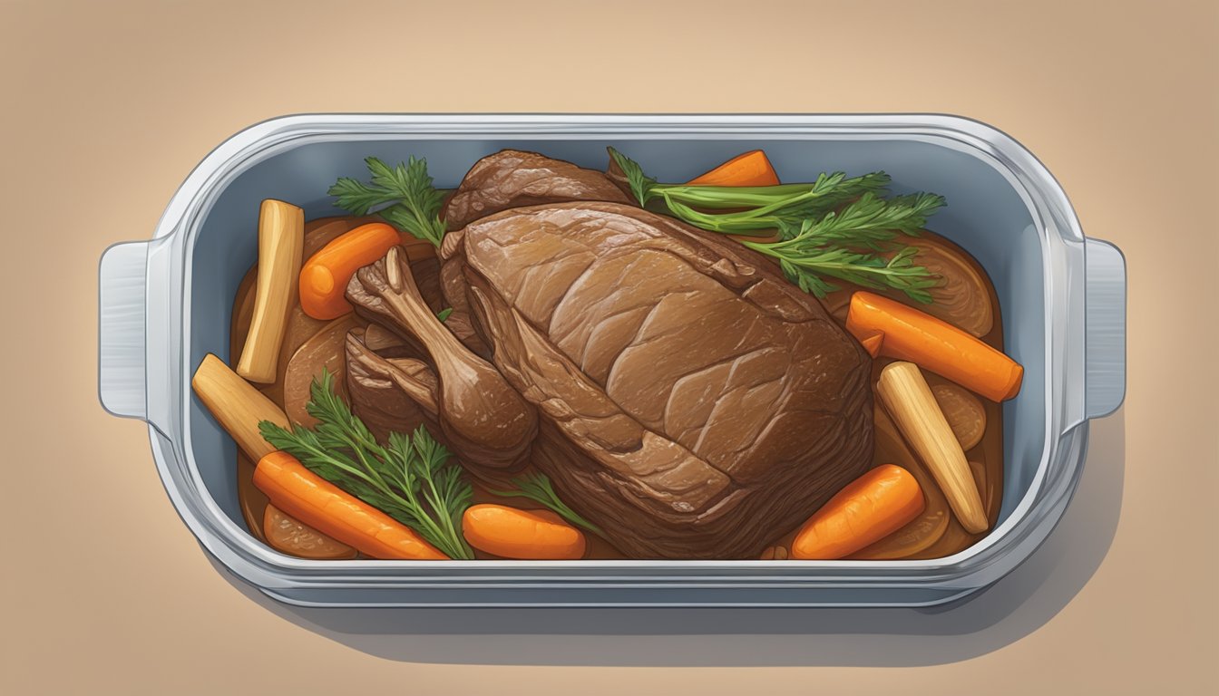 A cooked pot roast is being placed in an airtight container and stored in the refrigerator