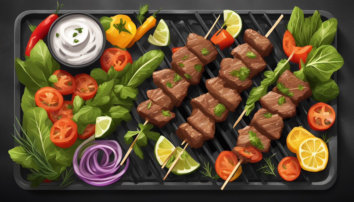 A sizzling beef souvlaki skewer on a hot grill, surrounded by colorful vegetables and herbs