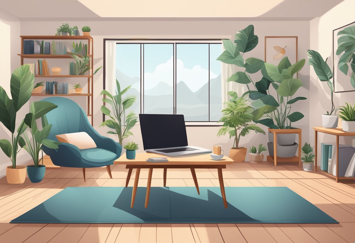 A serene workspace with a laptop and a plant, surrounded by a cozy living room with a bookshelf and a yoga mat