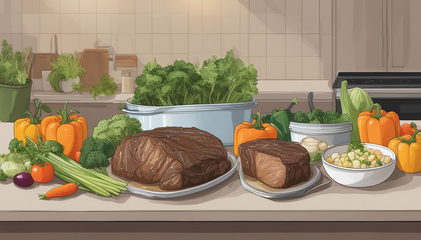 A beef pot roast sits on a kitchen counter, covered in plastic wrap. It is surrounded by a variety of fresh vegetables and herbs