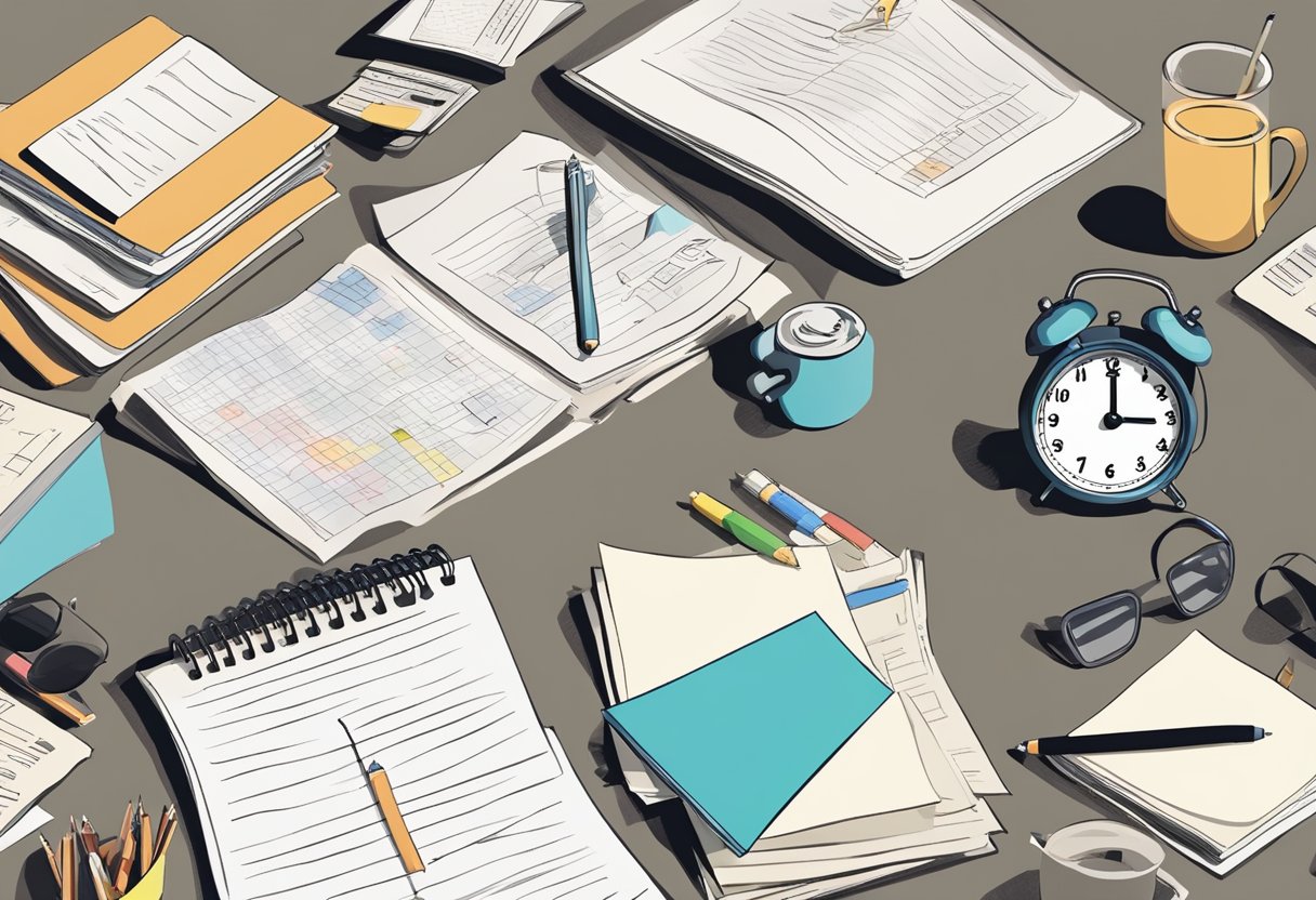 A cluttered desk with overflowing to-do lists, a clock showing late hours, and a person visibly stressed and overwhelmed