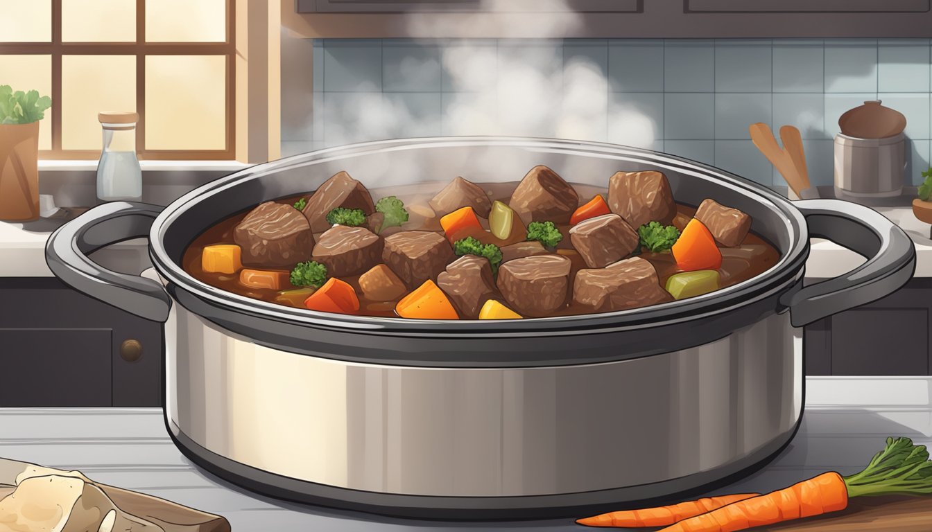 A pot of beef stew sits on a kitchen counter, covered with a lid. The steam rises from the hearty mixture of meat, vegetables, and broth