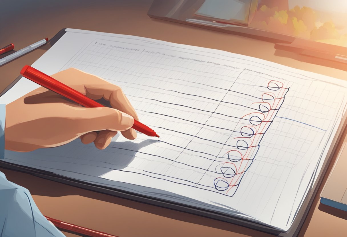 A person drawing a line through a list of goals with a red marker