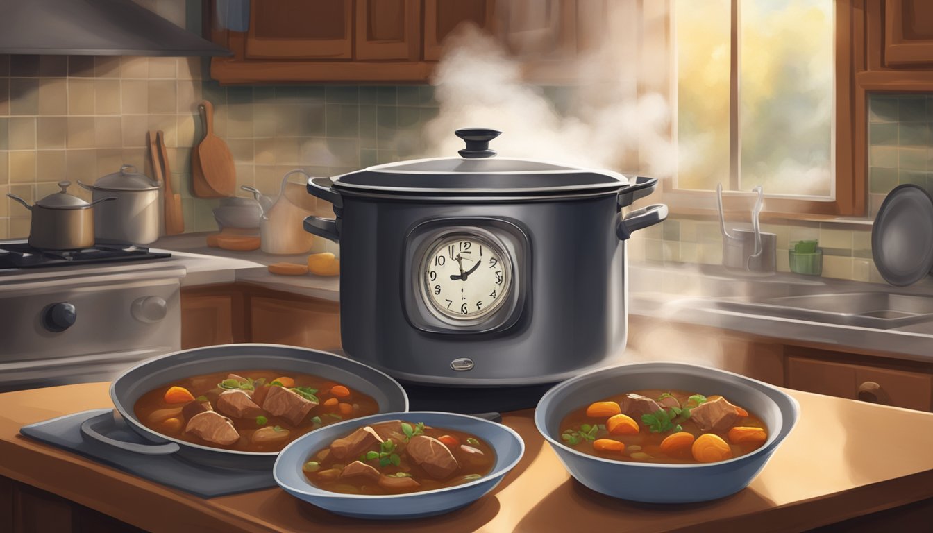 A pot of beef stew sits on a kitchen counter, surrounded by steam rising from the warm dish. A clock on the wall shows the passing of time